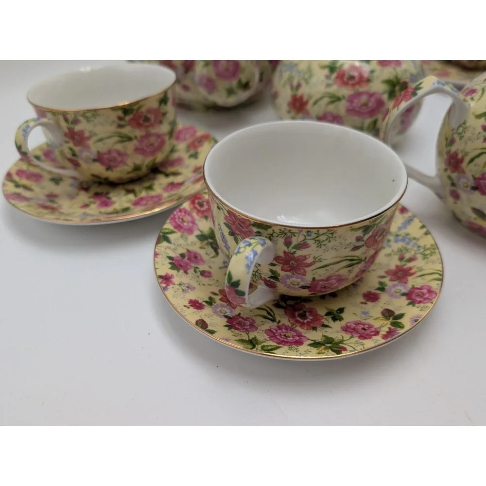 VTG Charlotte Baum Brothers China Yellow & Pink Chintz Floral 13 Pc Set Cups Tea